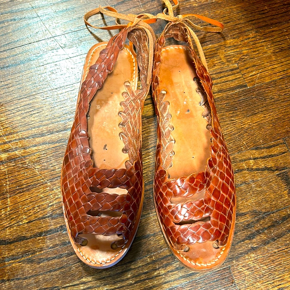 Handmade Mexican Huaraches Brown Leather Weave Flat flats Size 9 sandals gorg